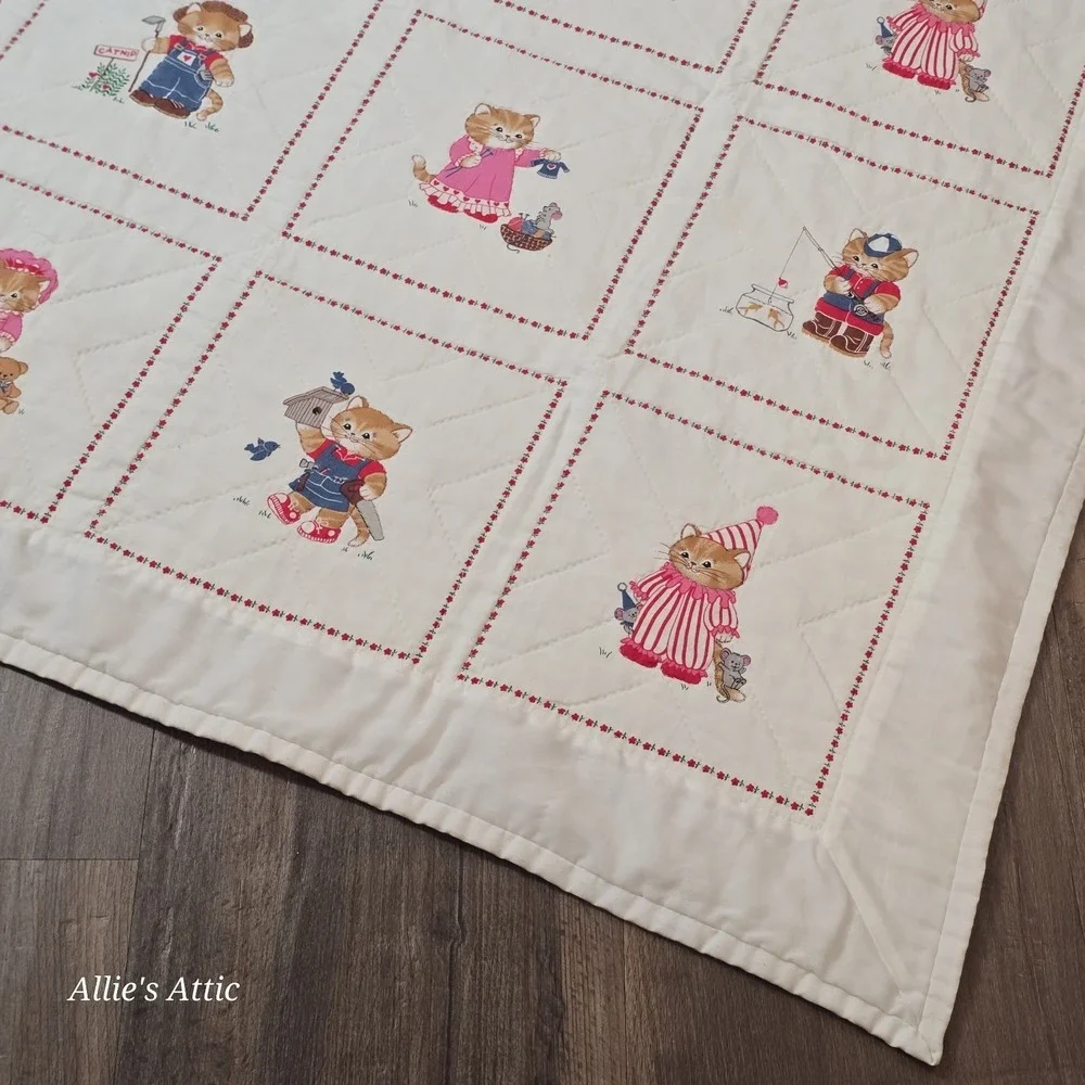 Vintage Cat Quilt Hand Made Patch Work Colorful Throw Blanket Anthropomorphic